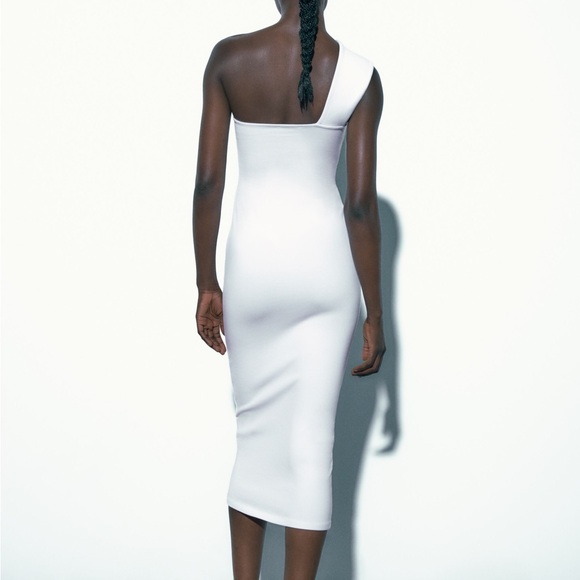 Zara white midi dress cropped one shoulder ribbed cotton fitted bodycon - Picture 11 of 16